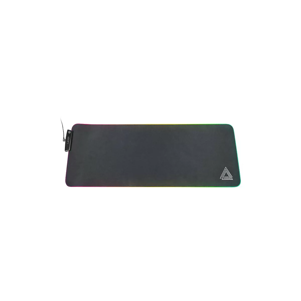 Schwarzes Gaming-Mauspad mit RGB-Beleuchtung und Logo.