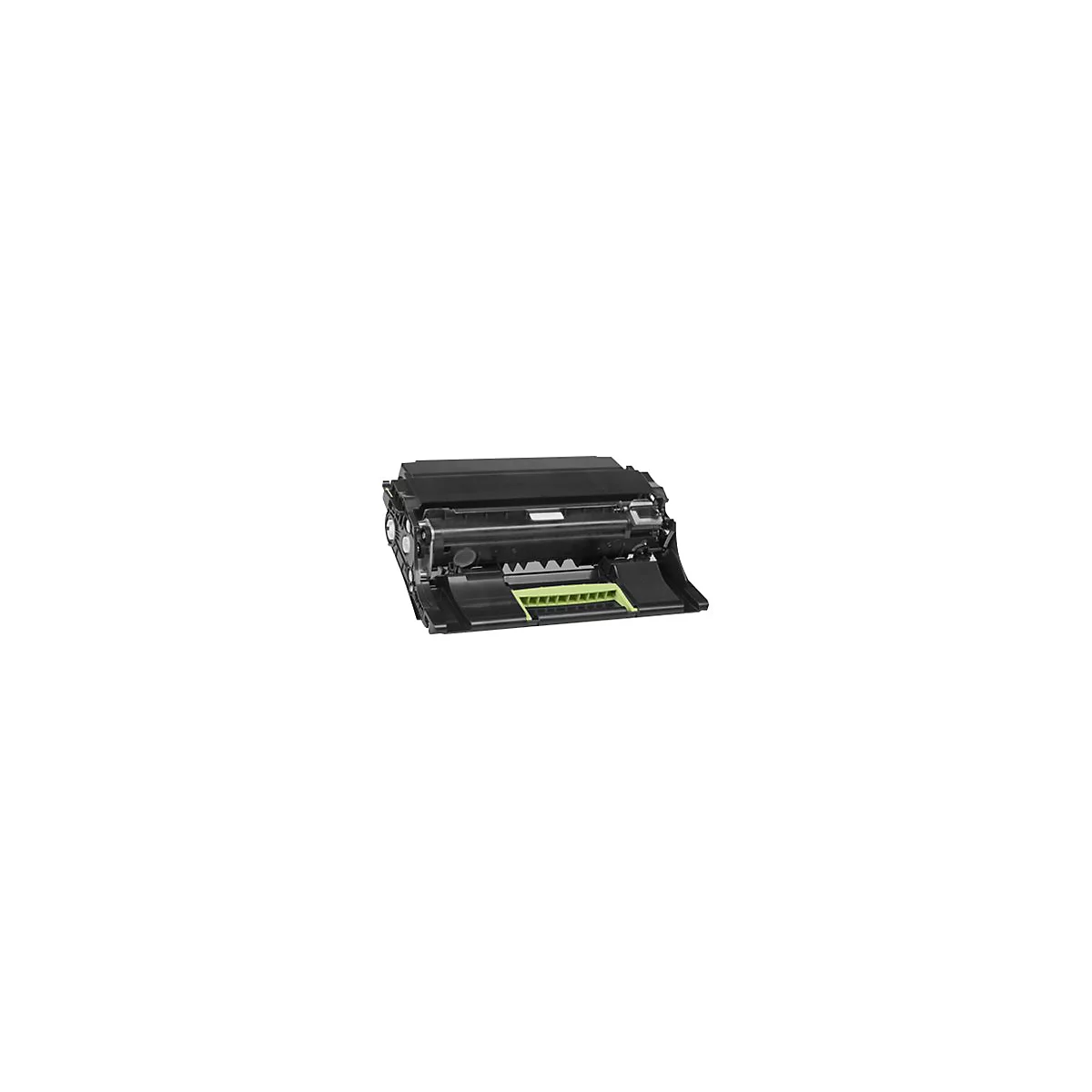 Cartouche de toner noire avec des Ã©lÃ©ments vert clair. Elle repose sur un fond blanc.