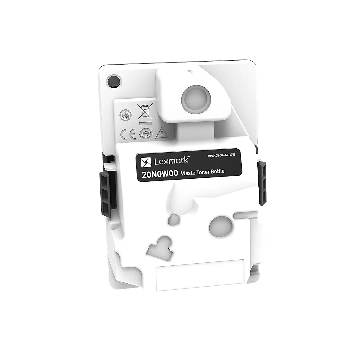 Gros plan d'une bouteille de toner usagé Lexmark blanche. Le texte indique : '20N0W00 Waste Toner Bottle'.