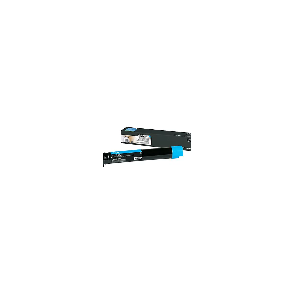 Cartouche de toner Lexmark X950X2CG. Cartouche noire avec des accents turquoise et boîte. Imprimé: X950X2CG.