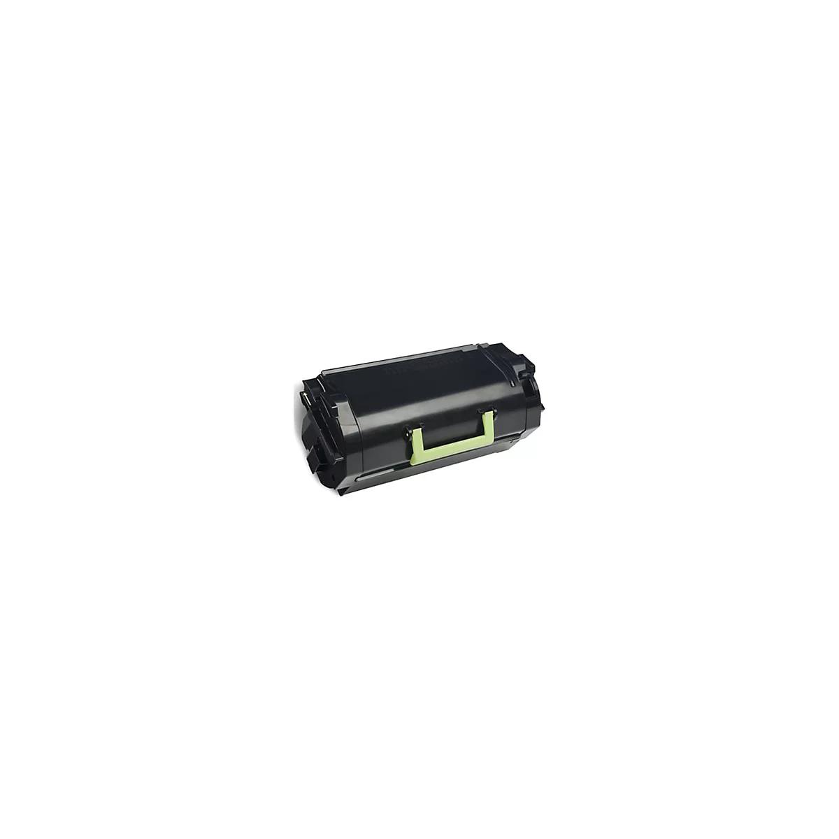 Cartouche de toner noire avec poignée vert clair. Sur fond blanc.