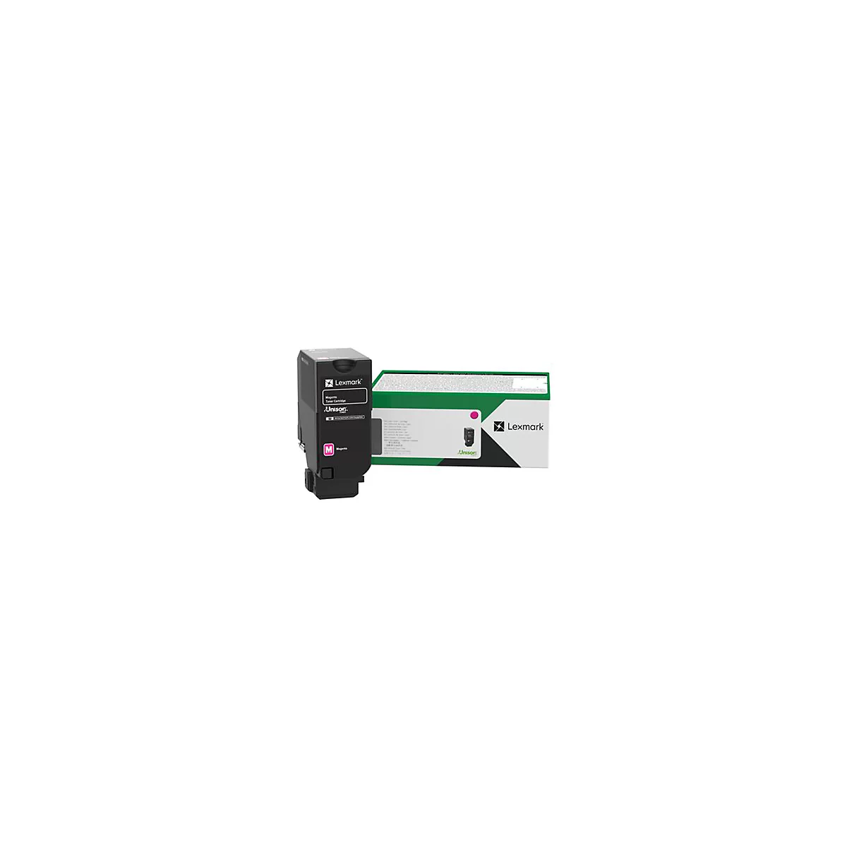 Cartouche de toner Lexmark noire et emballage vert. La cartouche indique "Magenta".
