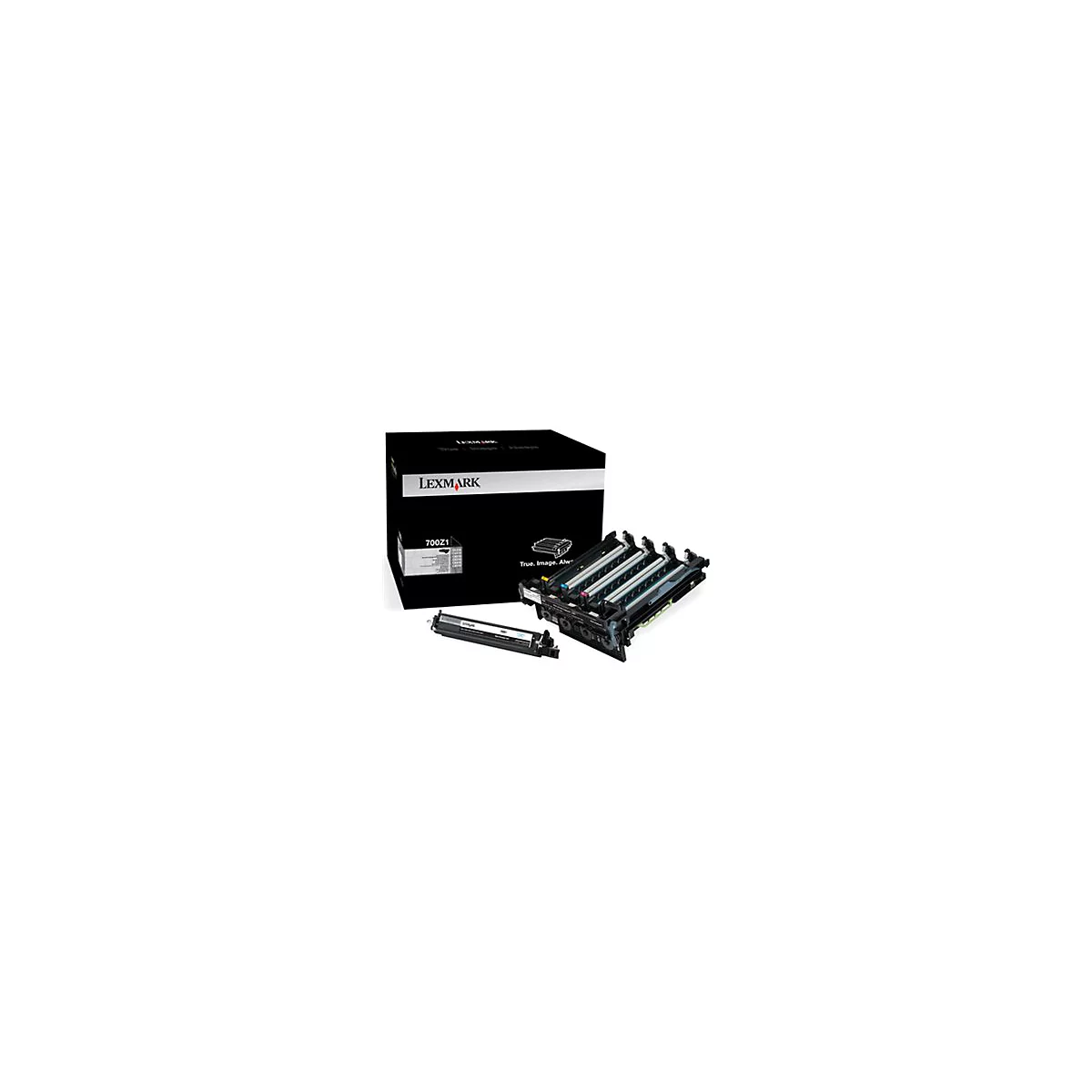 Schwarze Lexmark-Tonerpatrone mit der Produktbezeichnung 700Z1 und Verpackung. Rechts sind weitere Tonerkartuschen sichtbar.