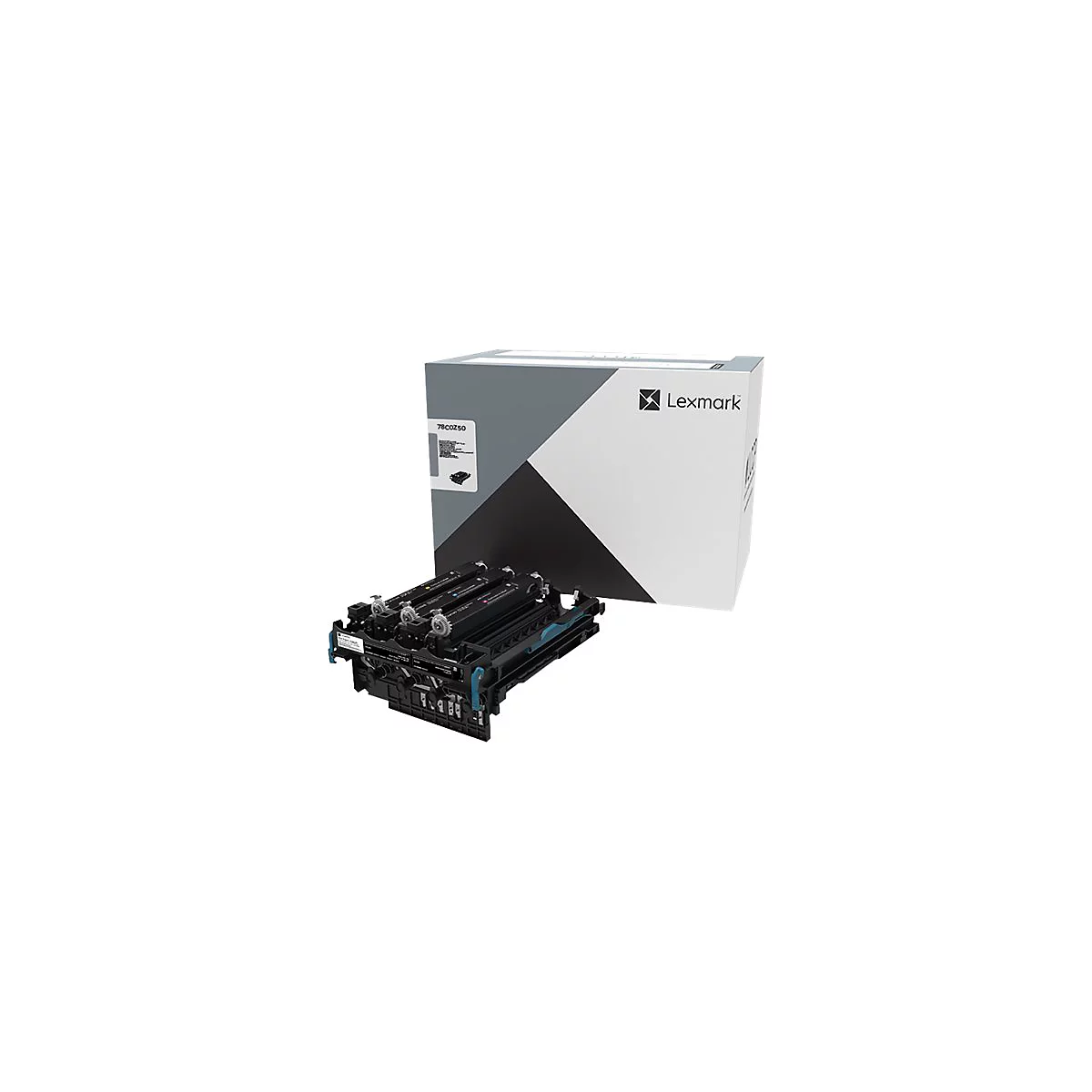 Eine Druckerpatrone und die Verpackung. Auf der Verpackung befindet sich das Lexmark-Logo.