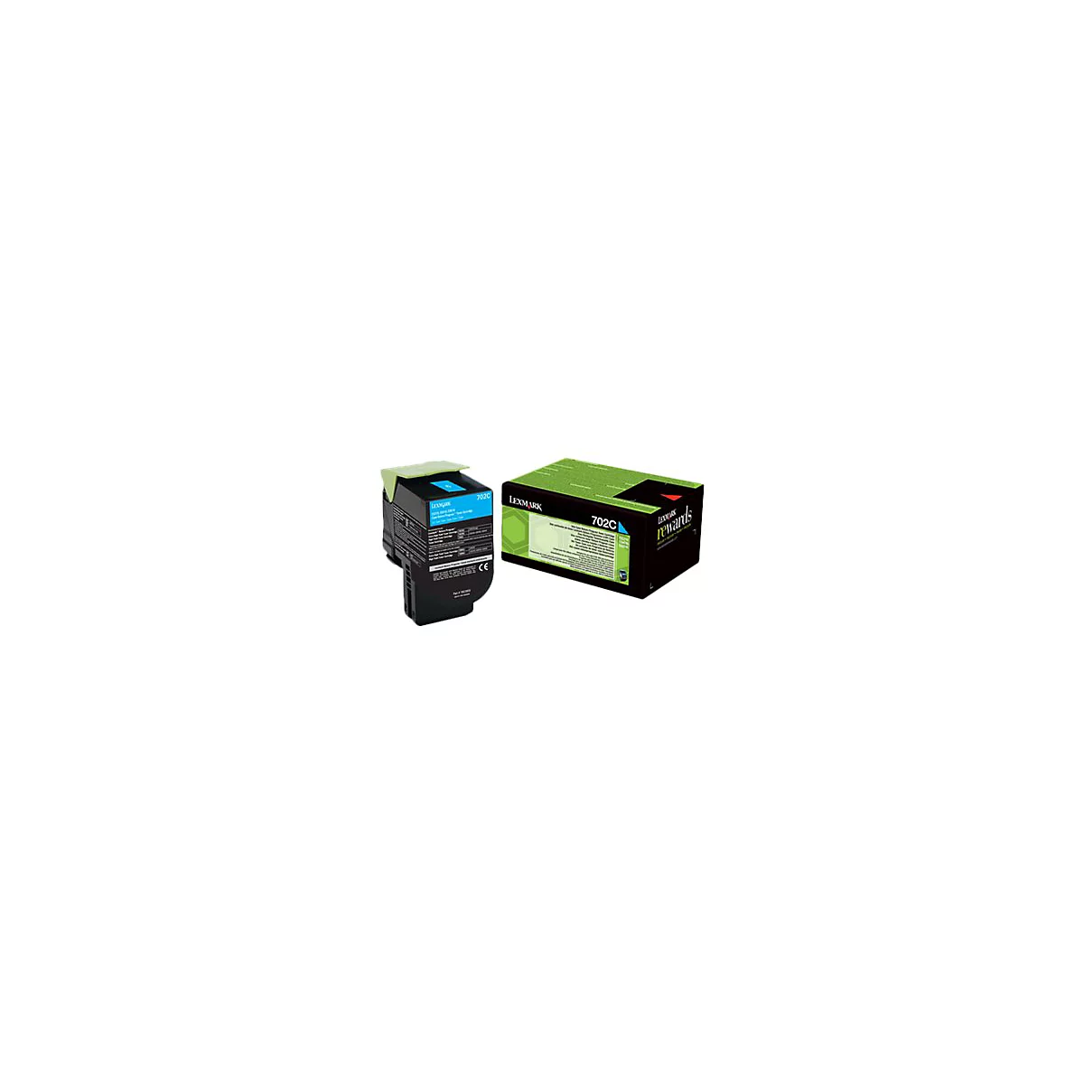 Lexmark 702C Tintenpatrone und Verpackung. Schwarz, Cyan und Grün dominieren das Design.