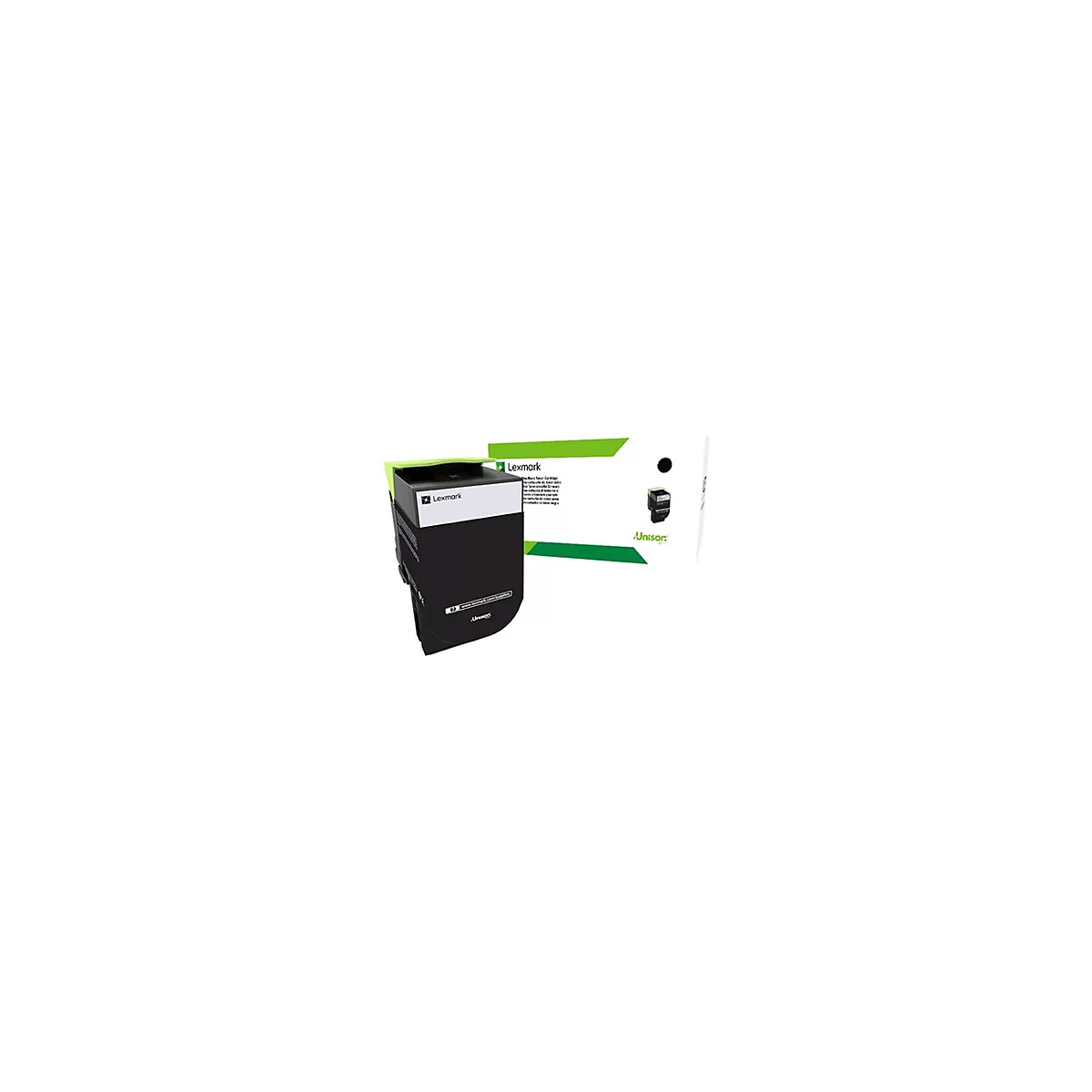 Lexmark Tintenpatrone. Schwarze Patrone mit Packung. Aufdruck: Lexmark, Unison.