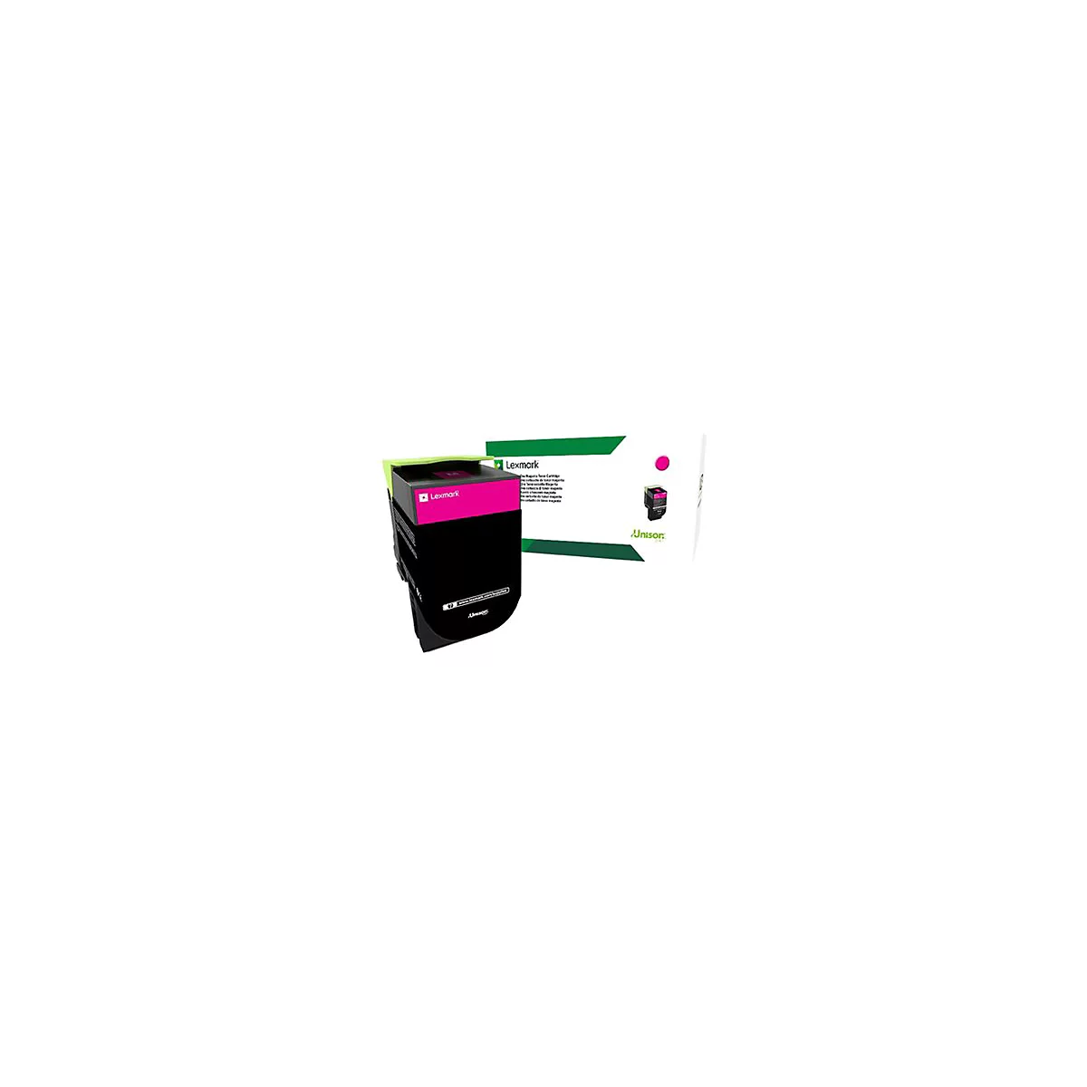 Lexmark Tintenpatrone, schwarz und pink, neben einer weißen Box mit Produktinformationen.