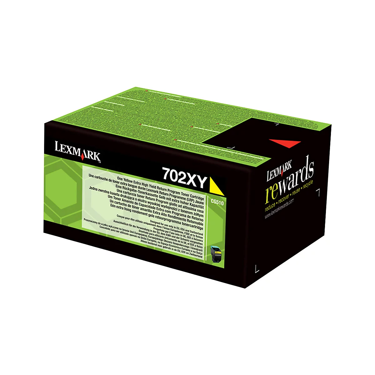 Schwarzer Lexmark-Toner-Kasten mit gelbem Akzent, Produktbezeichnung 702XY und Text in mehreren Sprachen.
