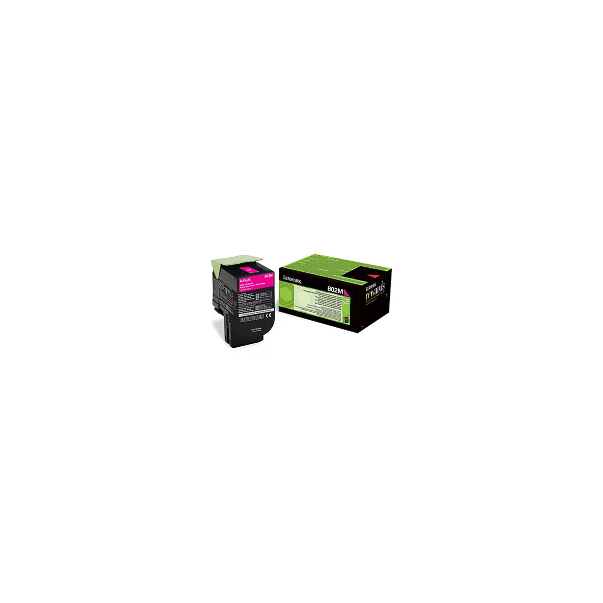 Tintenpatrone und Verpackung von Lexmark, magenta. Aufgedruckter Text: 802M.