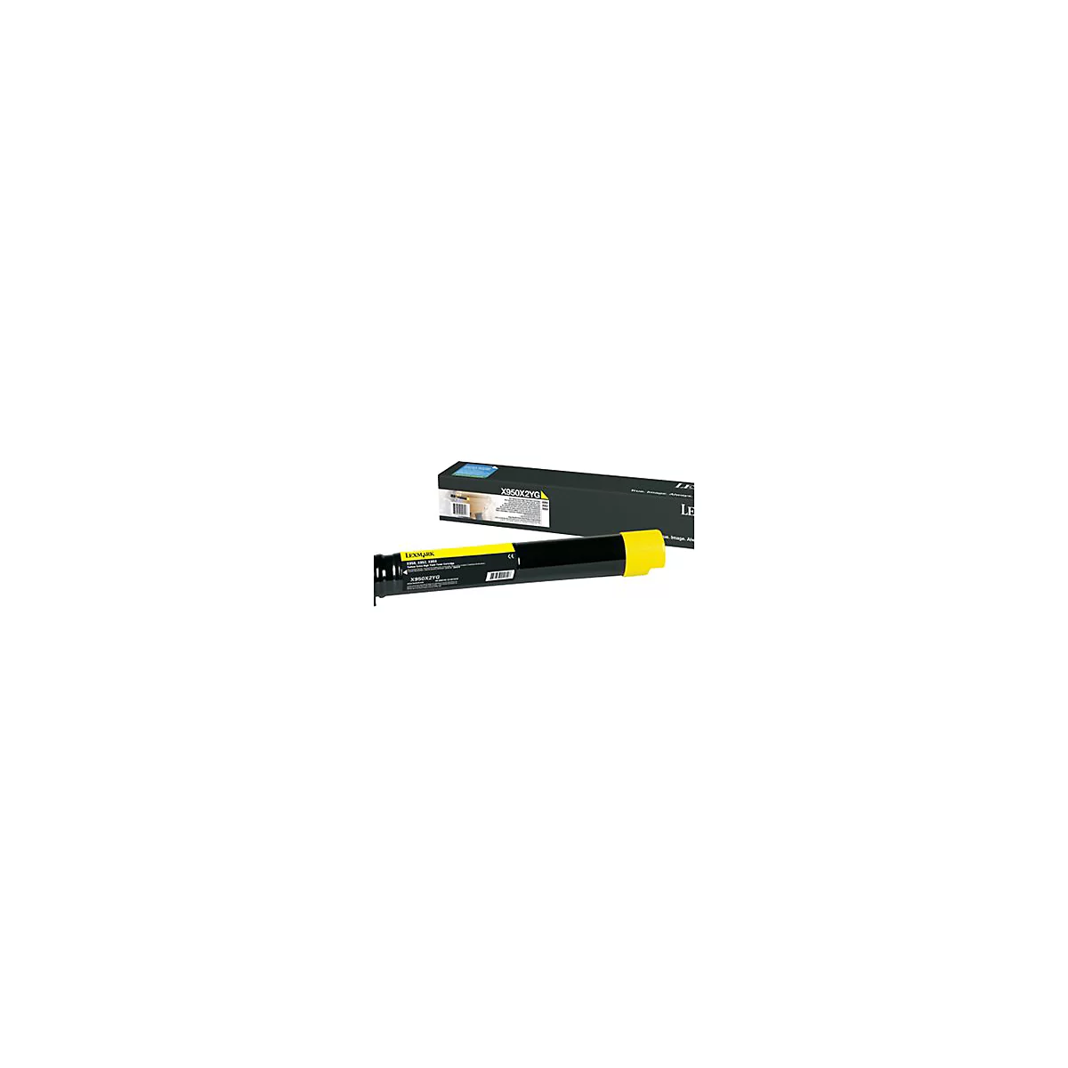 Gelbe Lexmark-Tonerpatrone neben der schwarzen Verpackung, Text: X950X2YG.