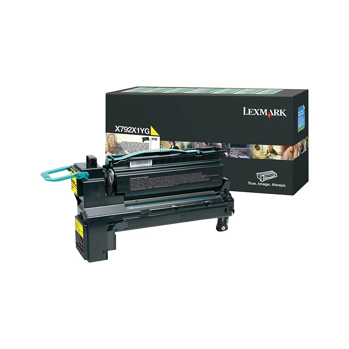 Schwarze Druckerpatrone mit grÃ¼nem Griff und Verpackung, Marke Lexmark, Text: X792X1YG.