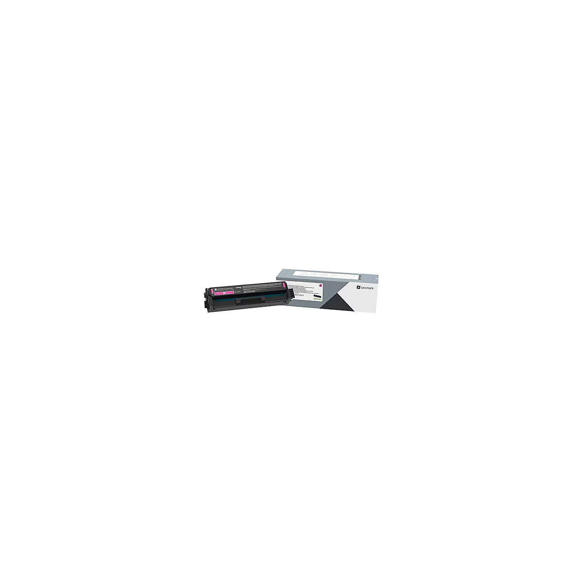 Une cartouche de toner magenta et son emballage. La cartouche est noire et possÃ¨de un insert rose. L'emballage est gris et blanc avec le logo Lexmark.