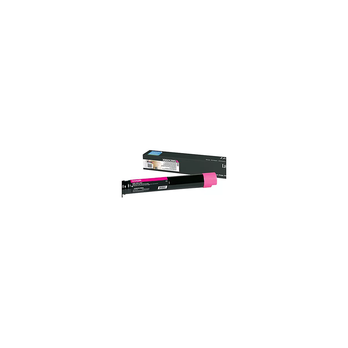 Eine schwarze Lexmark Tonerkartusche mit rosa Enden und einem Karton im Hintergrund, beschriftet mit X950X2MG.