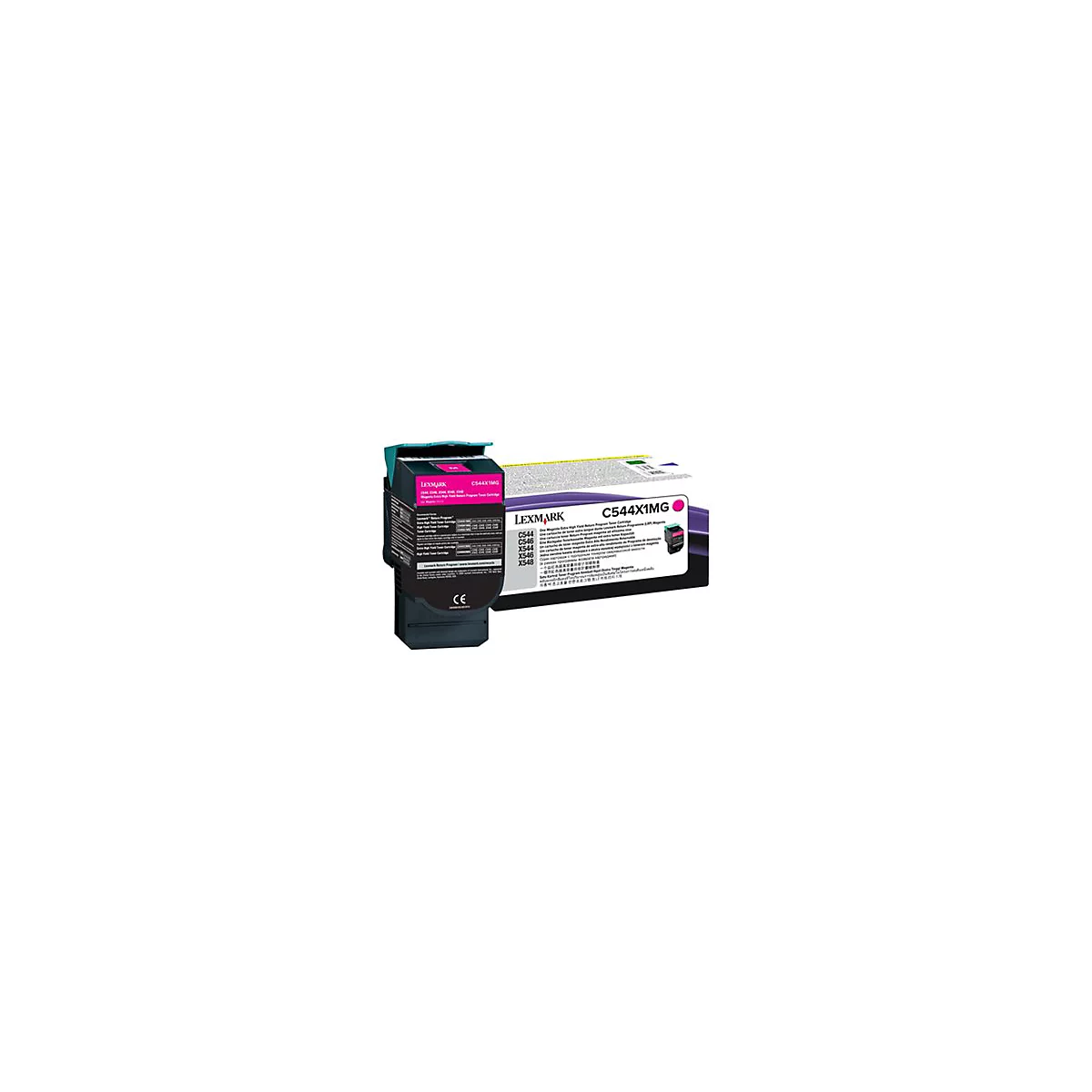 Eine Lexmark C544X1MG Tonerkartusche mit Verpackung vor weiÃŸem Hintergrund. Aufdrucke in Magenta und Schwarz, Box violett.