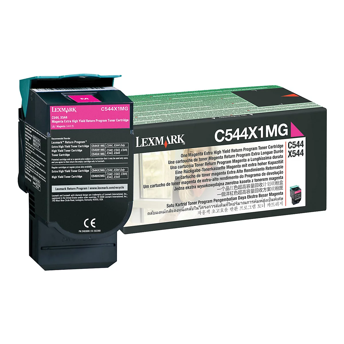 Lexmark-Toner in Schwarz, Magenta und GrÃ¼n, auf weiÃŸem Hintergrund, mit Produktname und technischen Details.