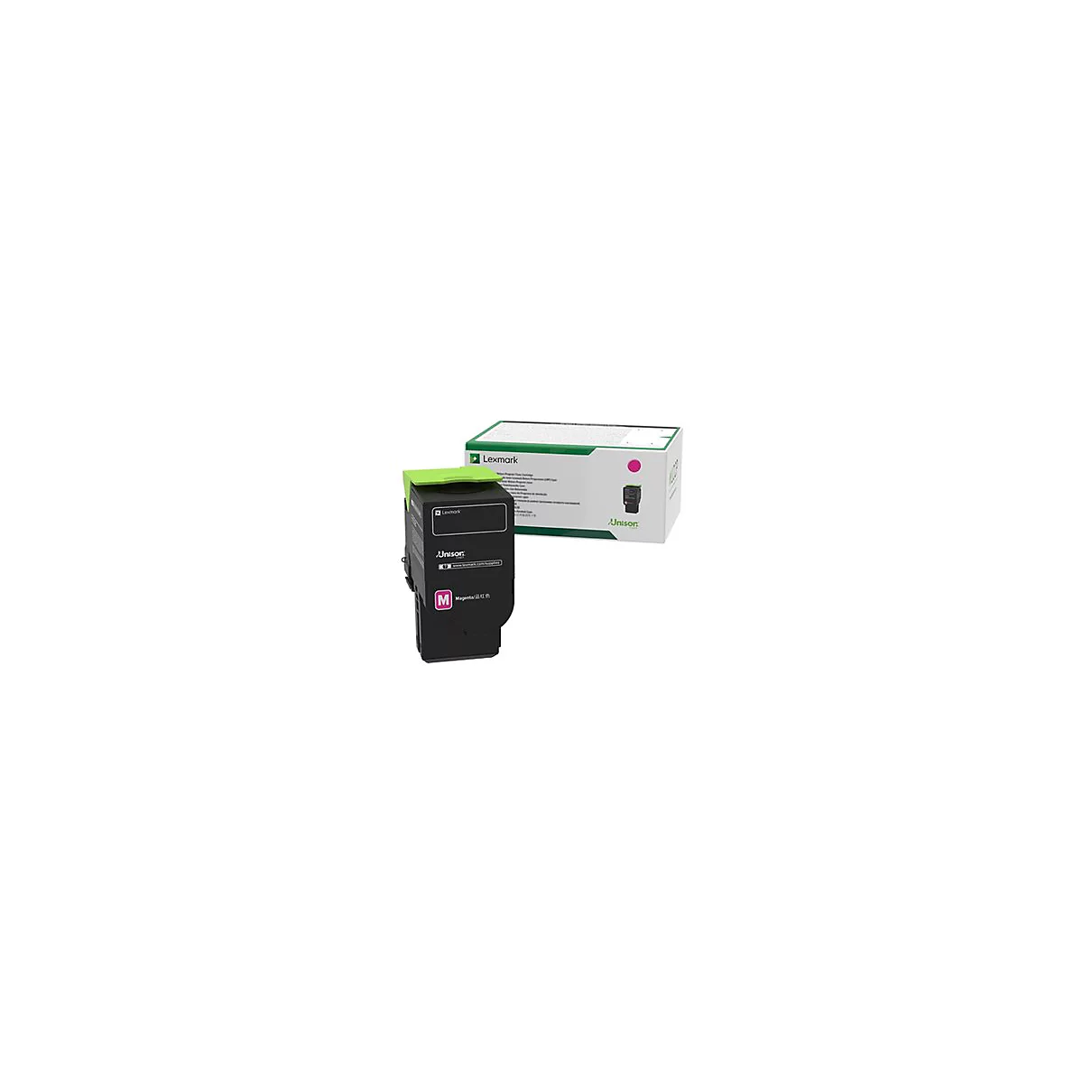 Schwarze Tintenpatrone mit Magenta-Farbe und grÃ¼ner Kappe, daneben eine Kartonverpackung mit Lexmark-Logo.