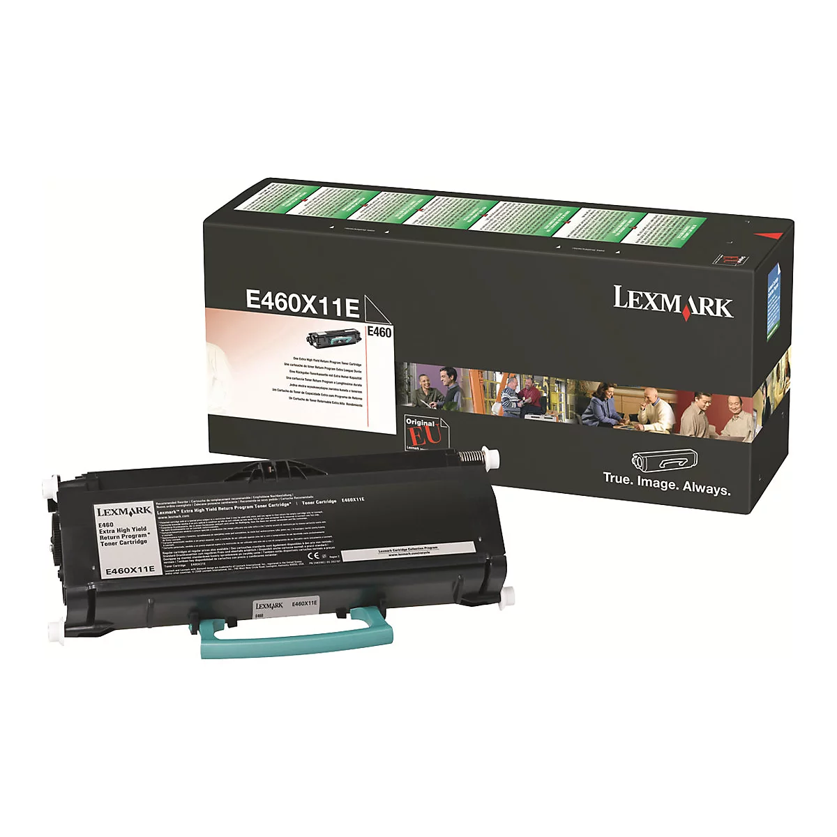 Schwarze Lexmark Toner-Kartusche E460X11E, daneben die Verpackung mit Logo und Produktinformationen.