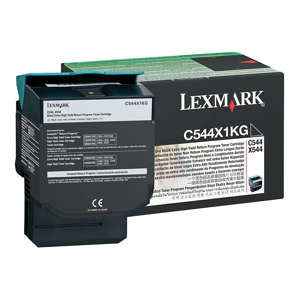 Schwarze Lexmark Toner-Kartusche C544X1KG, abgebildet vor weißem Hintergrund, Text in mehreren Sprachen.