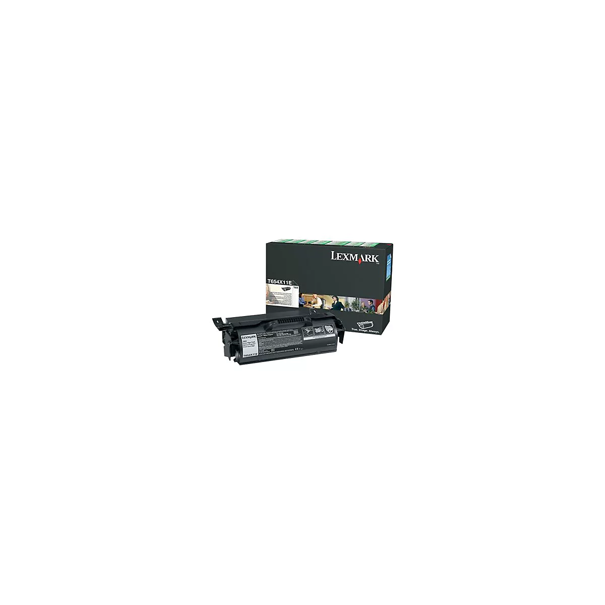 Schwarze Lexmark-Tonerpatrone und -Verpackung. Auf der Verpackung steht "Lexmark". Auf der Kartusche steht "T654X11E".