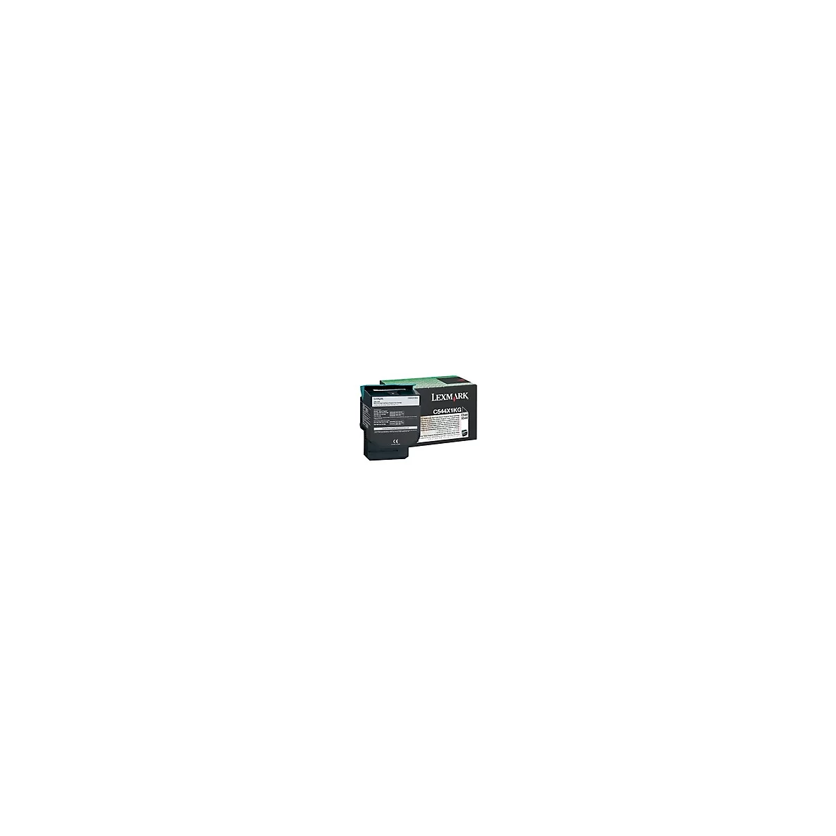 Lexmark Tonerkartusche C544X1KG, schwarz, mit Verpackung, vor weißem Hintergrund. Auf der Kartusche Text.