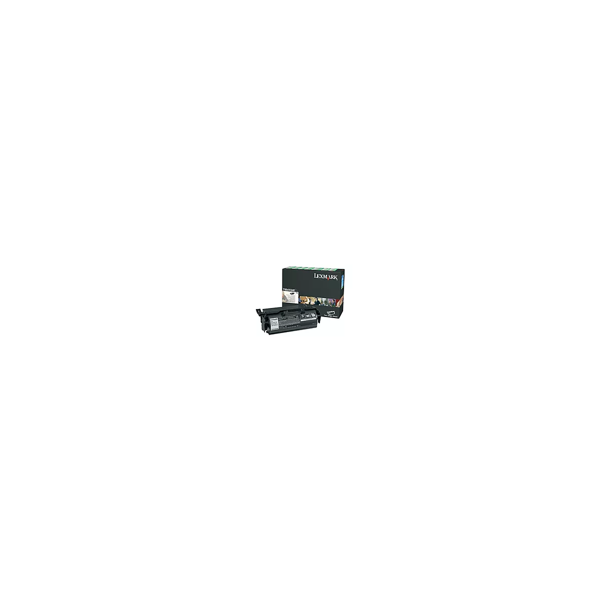 Eine schwarze Lexmark-Tonerpatrone vor ihrer Verpackung. Auf der Verpackung steht 'LEXMARK' und 'T654X04E'.