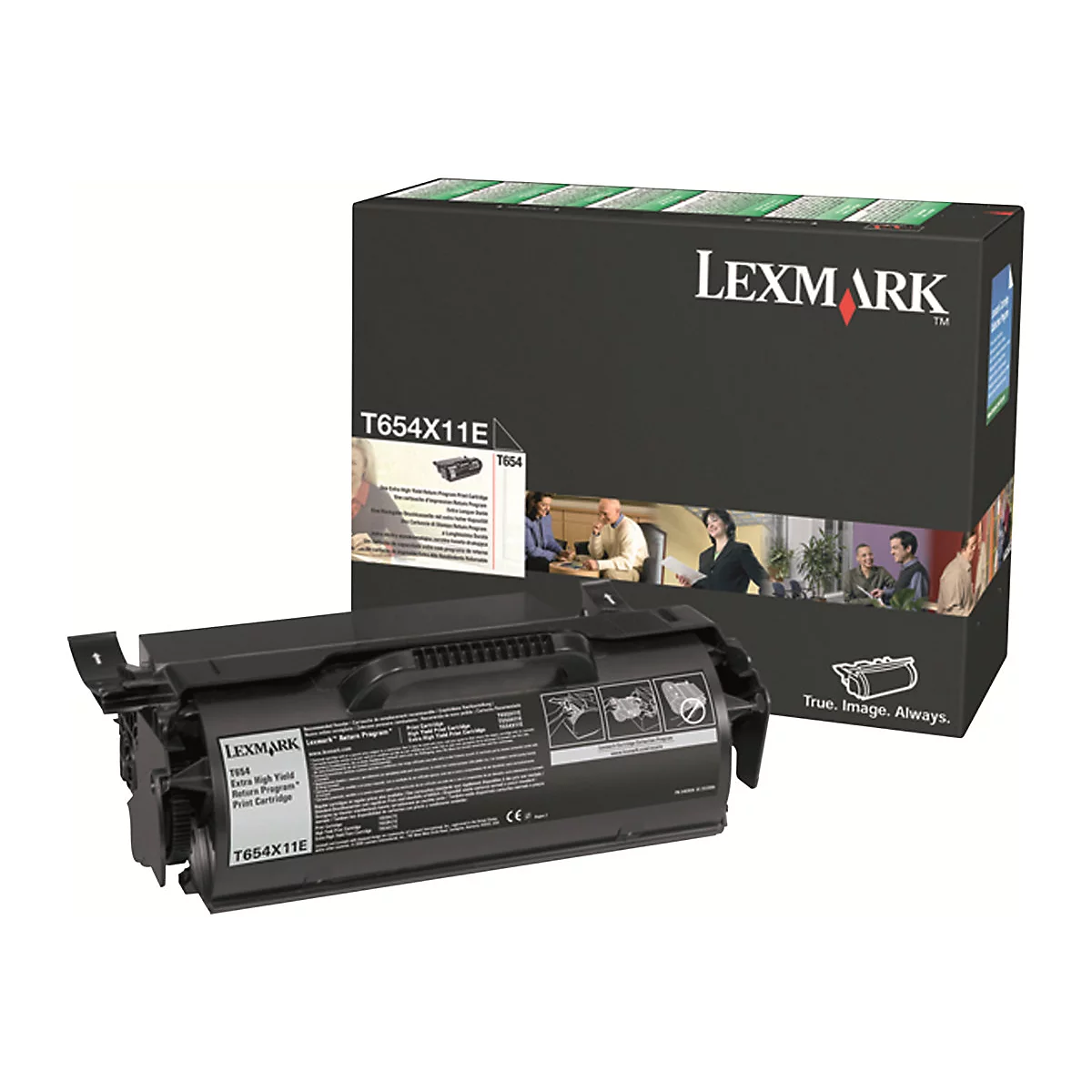 Schwarzer Toner und Verpackung von Lexmark. Toner mit Aufschrift T654X11E.