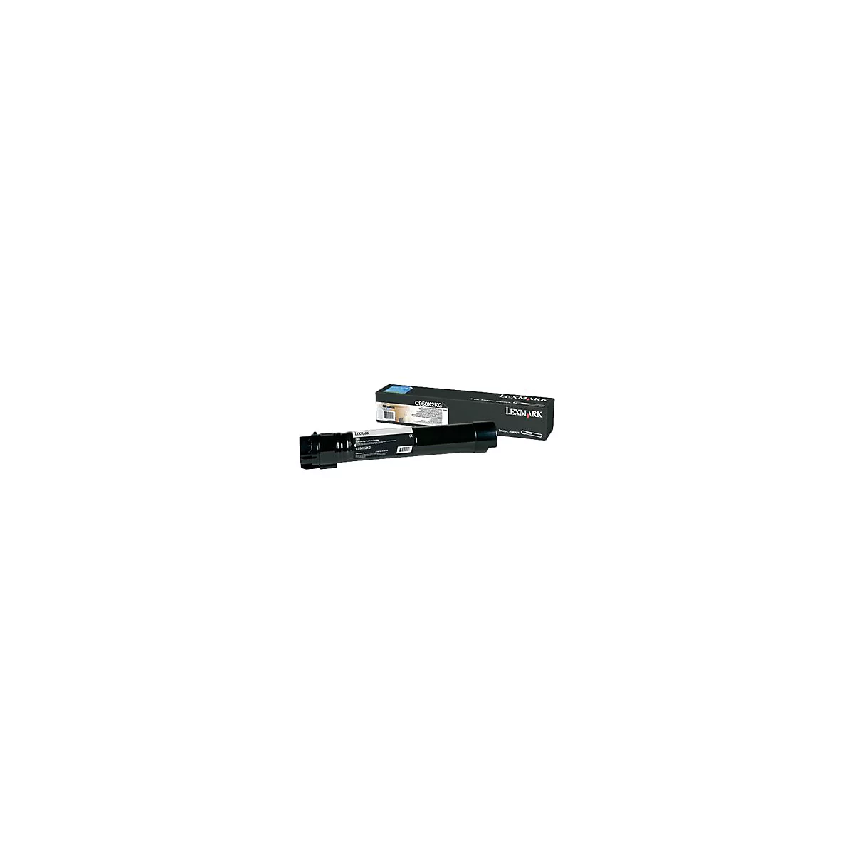 Schwarze Tonerkartusche und Verpackung. Auf der Verpackung steht 'C950X2KG' und 'Lexmark'.