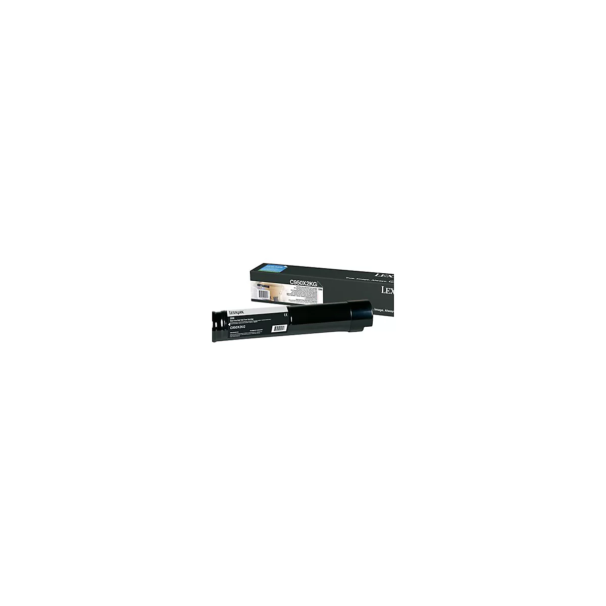 Schwarze Tonerkartusche und -verpackung mit Aufdrucken, vor weiÃŸem Hintergrund. Aufdruck: C950X2KG