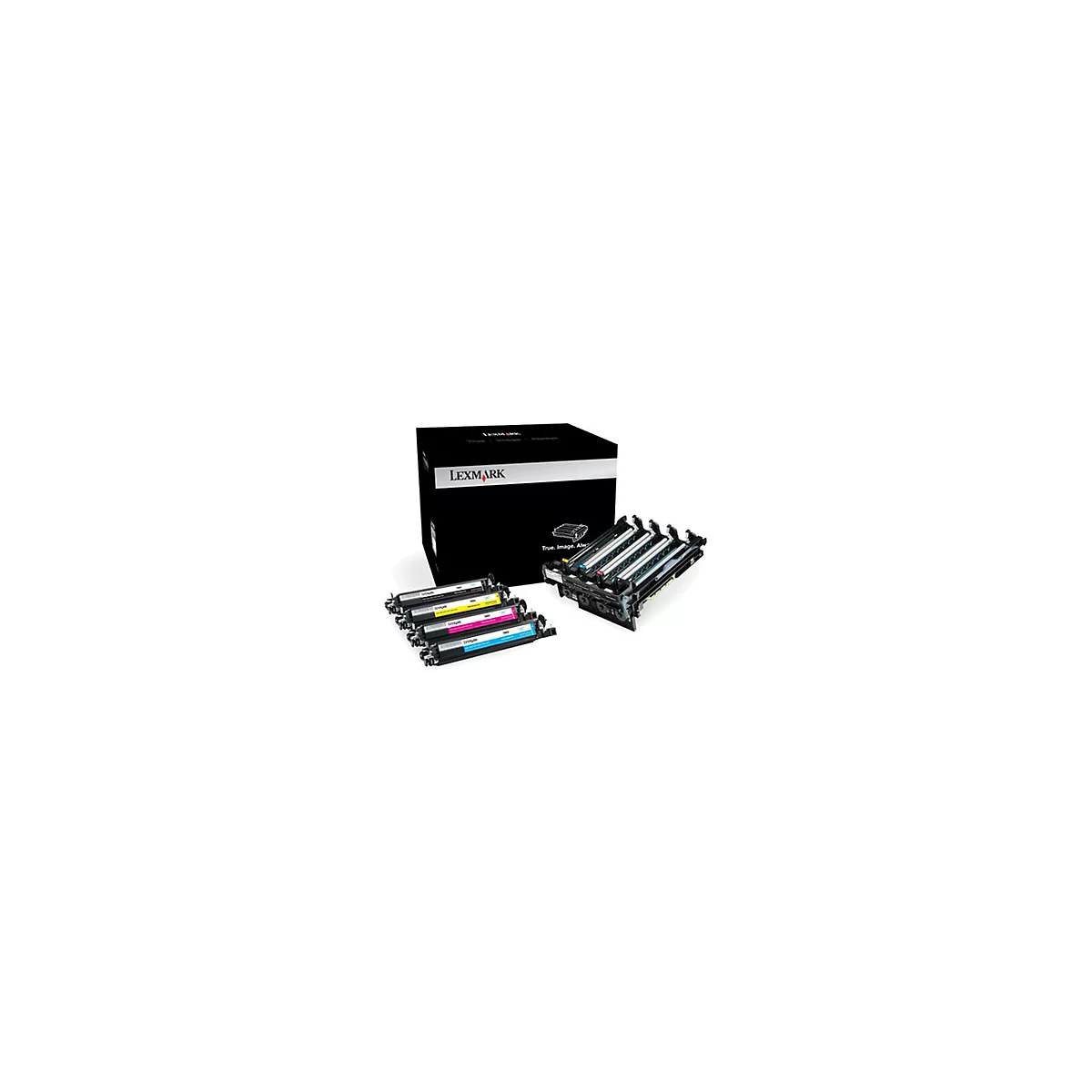 Verschiedene Tonerkartuschen und ein Drucker-Trommel-Kit mit der Aufschrift Lexmark.