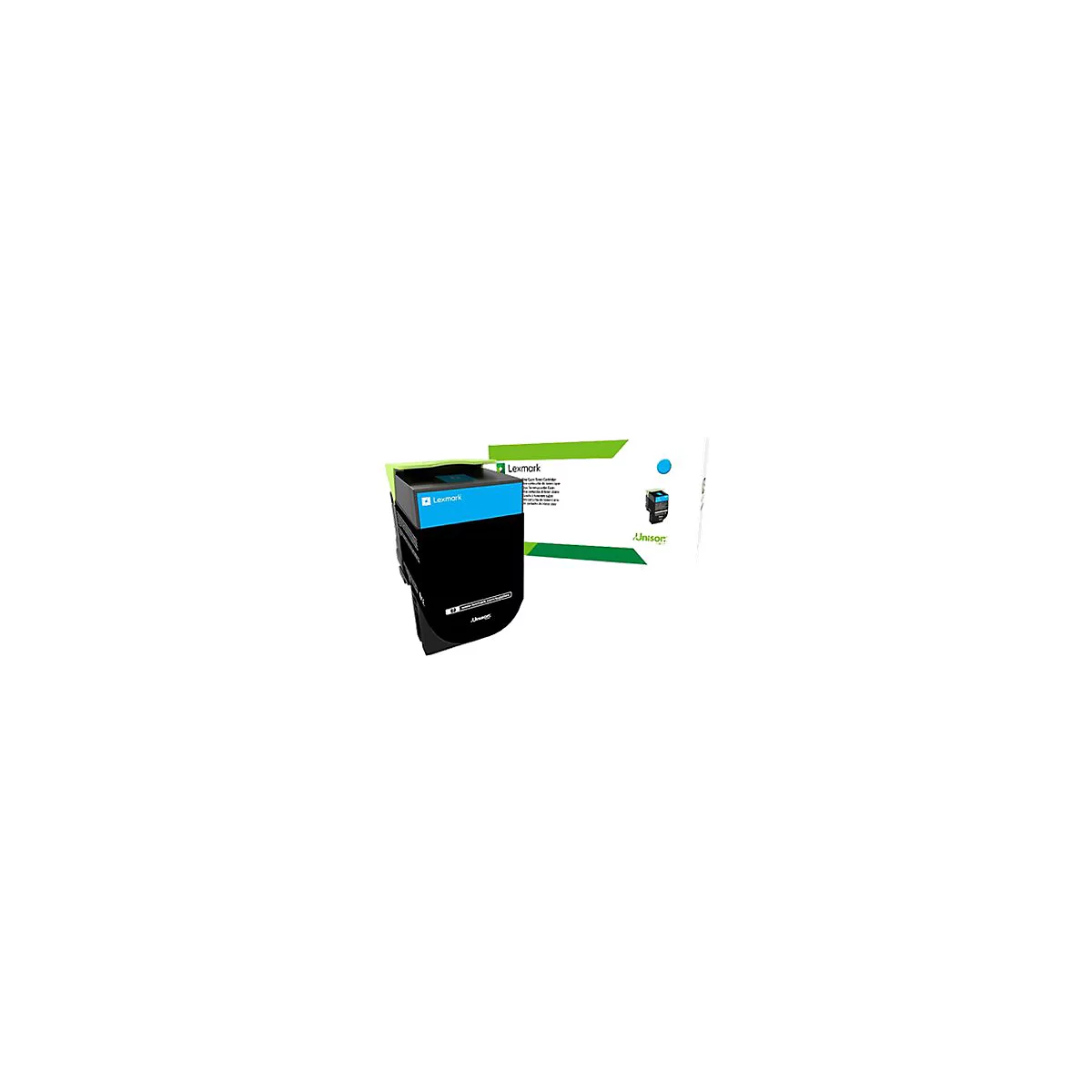 Eine schwarze Lexmark-Tonerkartusche mit tÃ¼rkis-farbener Oberseite, daneben eine Verpackung mit Text und grÃ¼nen Akzenten.