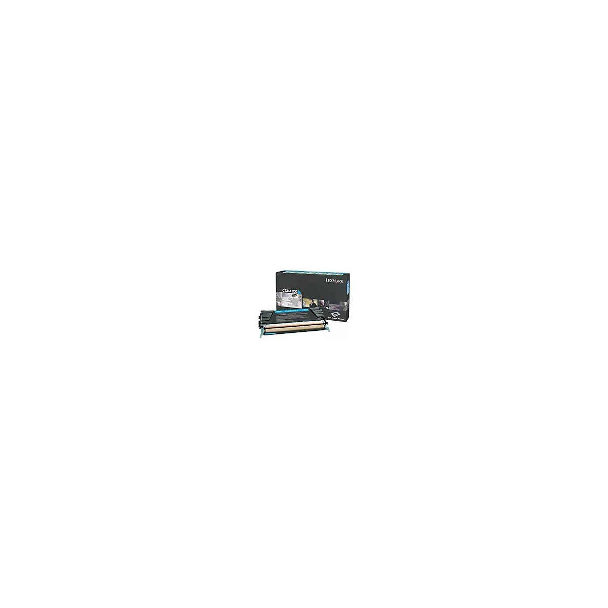 Blaue Lexmark Tonerkartusche und schwarze Verpackung mit Text und Bild. Aufschrift: C734A1CG.