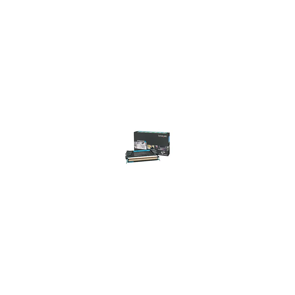Blau-schwarze Lexmark Tonerkartusche und Verpackung. Aufdruck: C734A1CG.
