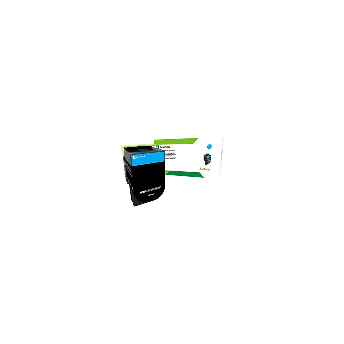 Schwarze Lexmark Tonerkartusche mit hellgrünem Griff und blauer Blende vor der Originalverpackung.