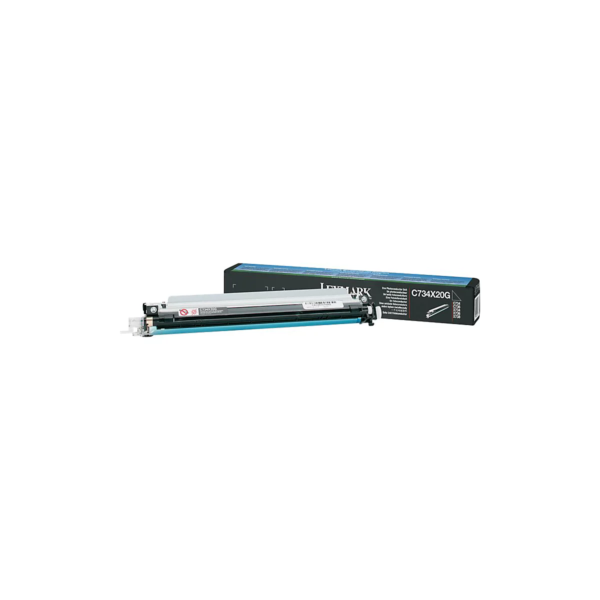 Lexmark C734X20G Tonerkartusche und Verpackung auf weißem Hintergrund.