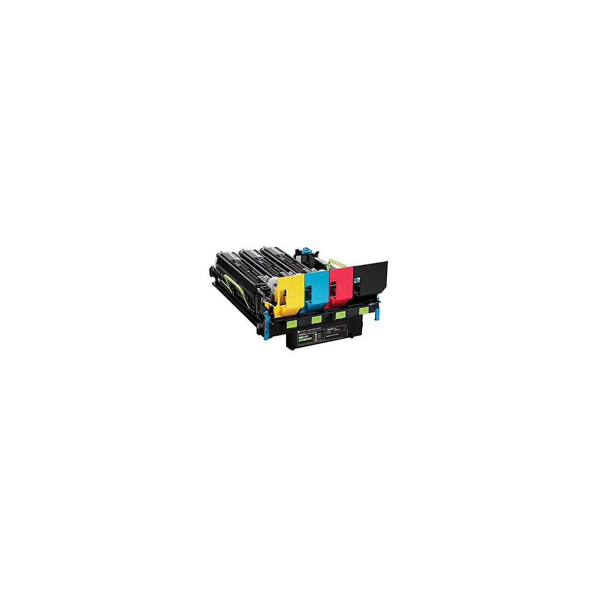 Ein Farblaserdrucker-Toner in Schwarz, Gelb, Cyan und Magenta. Auf schwarzem GehÃ¤use. Details von Tintenfarben abgebildet.