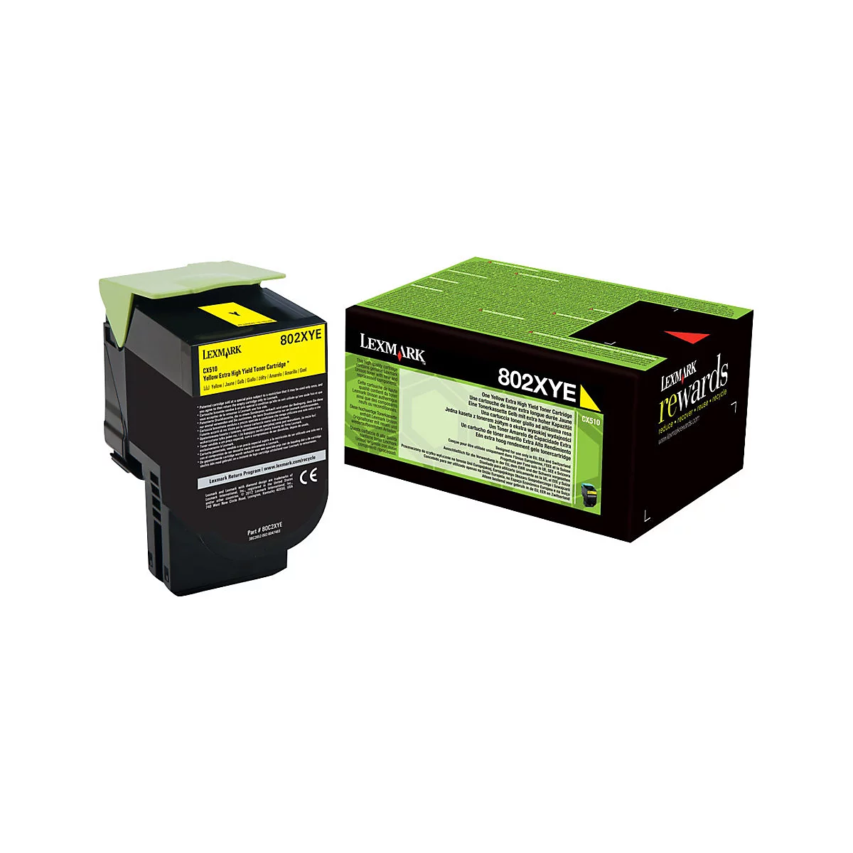 Gelbe Lexmark-Tonerkartusche 802XYE, daneben die Verpackung.
