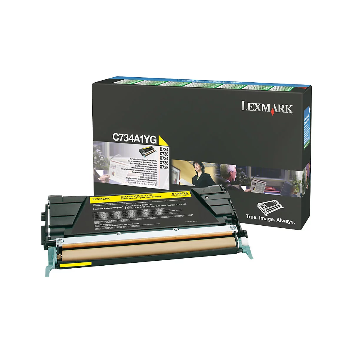 Lexmark Tonerpatrone und Verpackung, schwarz und gelb. Aufdrucke wie C734A1YG, True Image. Always.