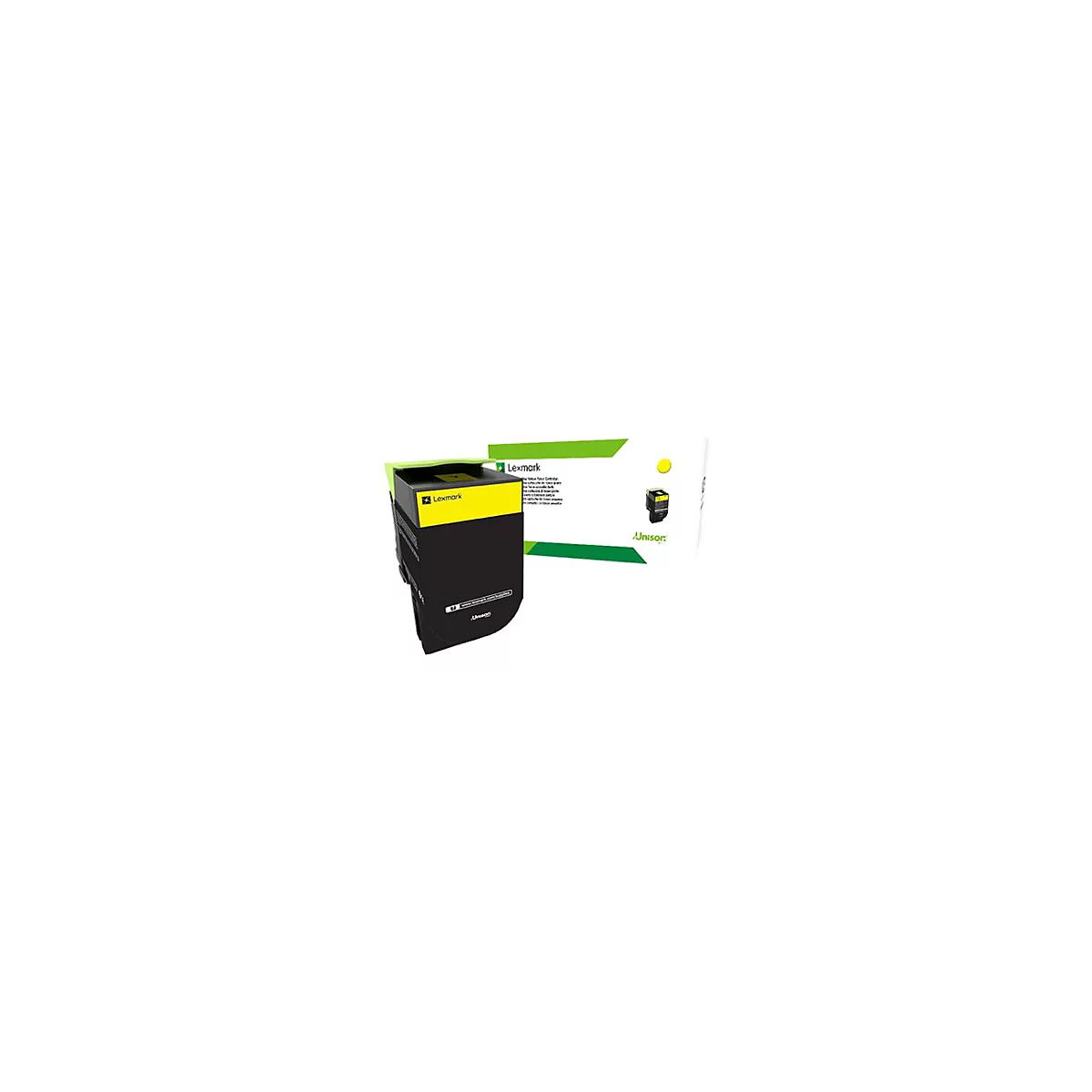 Gelbe Lexmark Tonerkartusche vor der dazugehörigen Produktverpackung auf weißem Hintergrund.
