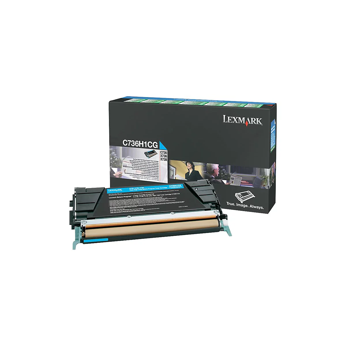 Lexmark Tonerkartusche C736H1CG, blau-schwarz, neben der Verpackung.