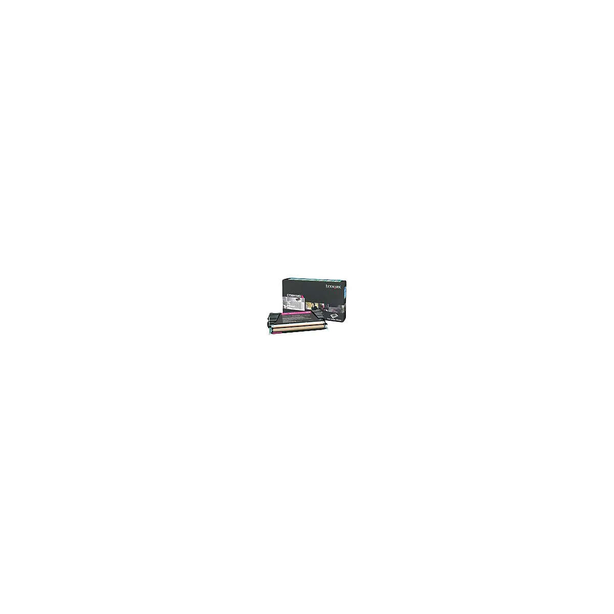 Ein magentafarbener Tonerkartusche vor einer schwarzen Lexmark-Verpackung, beschriftet mit Produkt- und Markennamen.