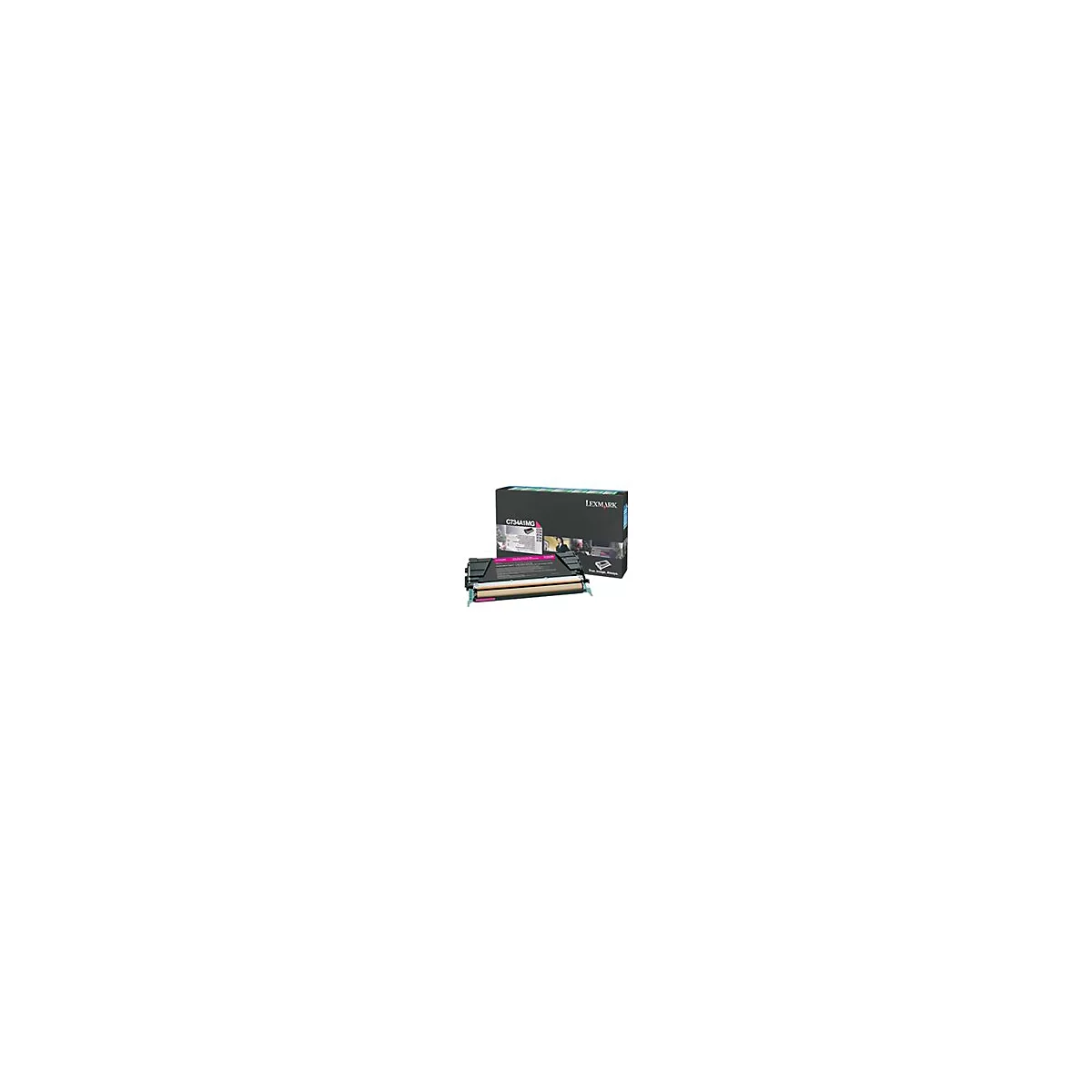 Eine magenta Lexmark Toner-Kartusche neben ihrer schwarzen Verpackung. Beide zeigen Logos und Produktbezeichnungen.
