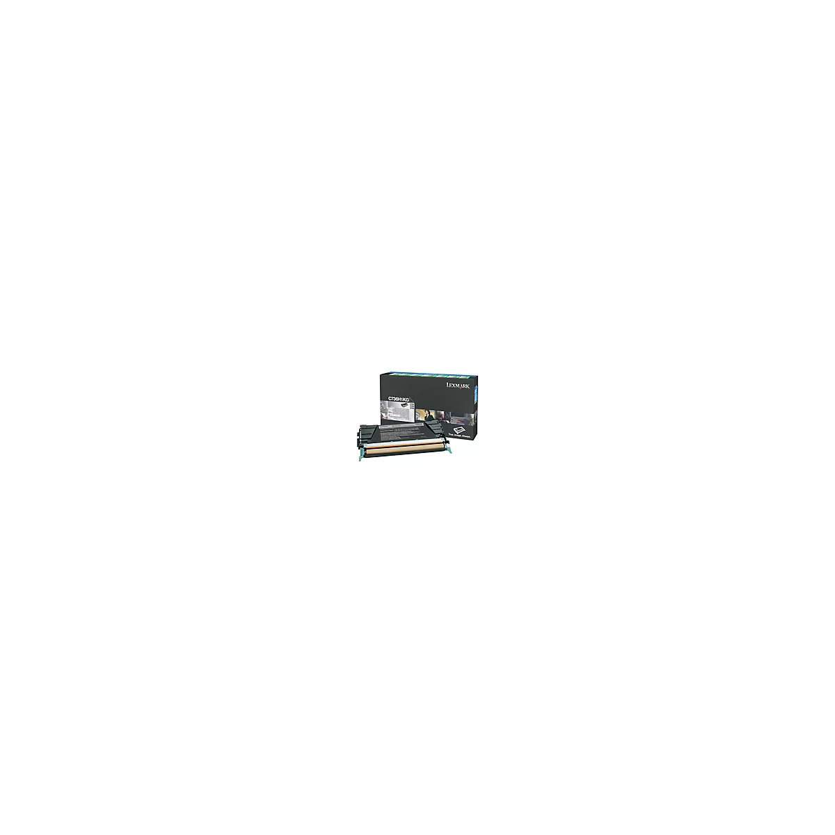 Lexmark C736H1KG-Toner. Die Kartusche liegt vor einer schwarzen Box mit dem Lexmark-Logo und Produktinformationen.