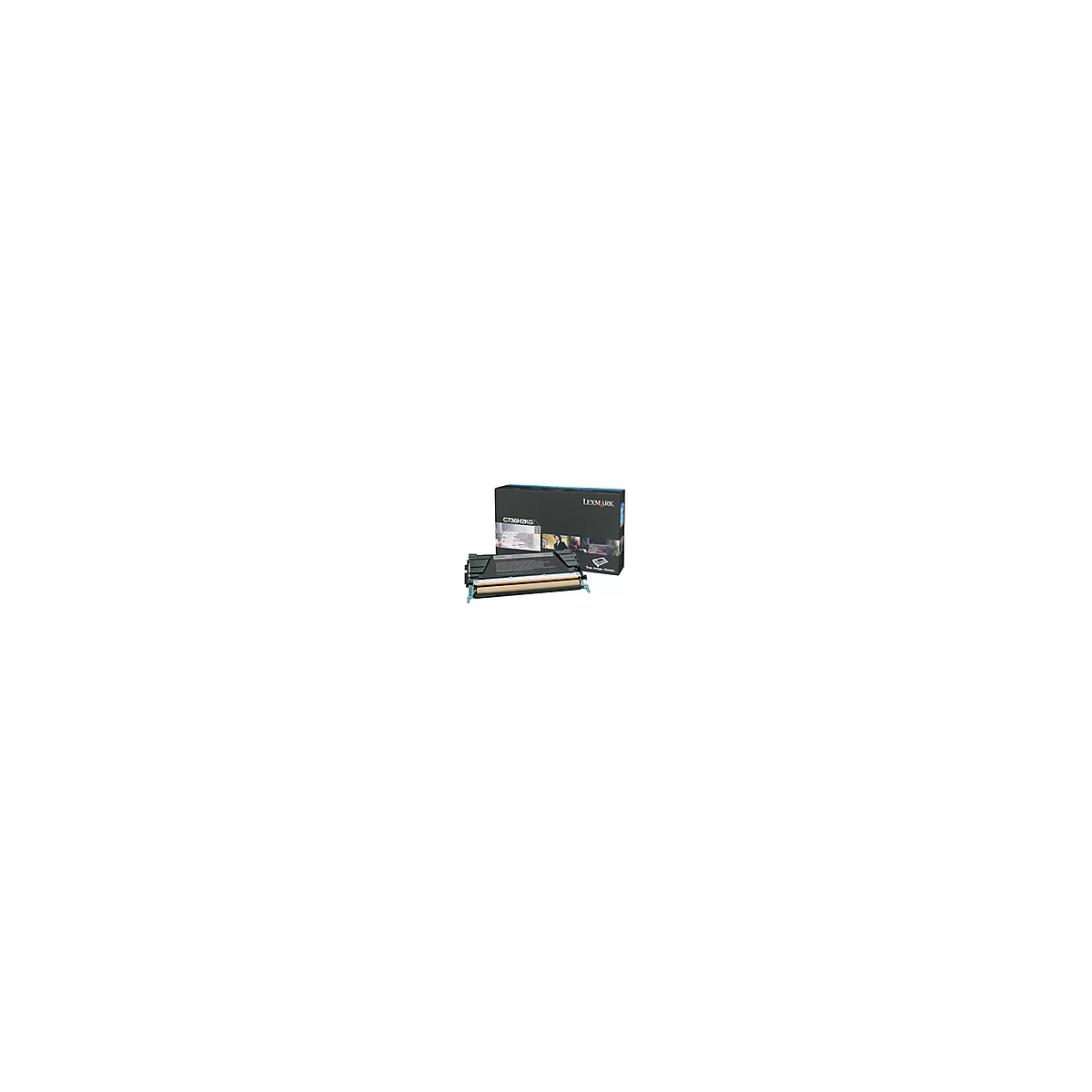 Schwarze Lexmark Tonerkartusche mit grauer Box, Text "C736H2KG".