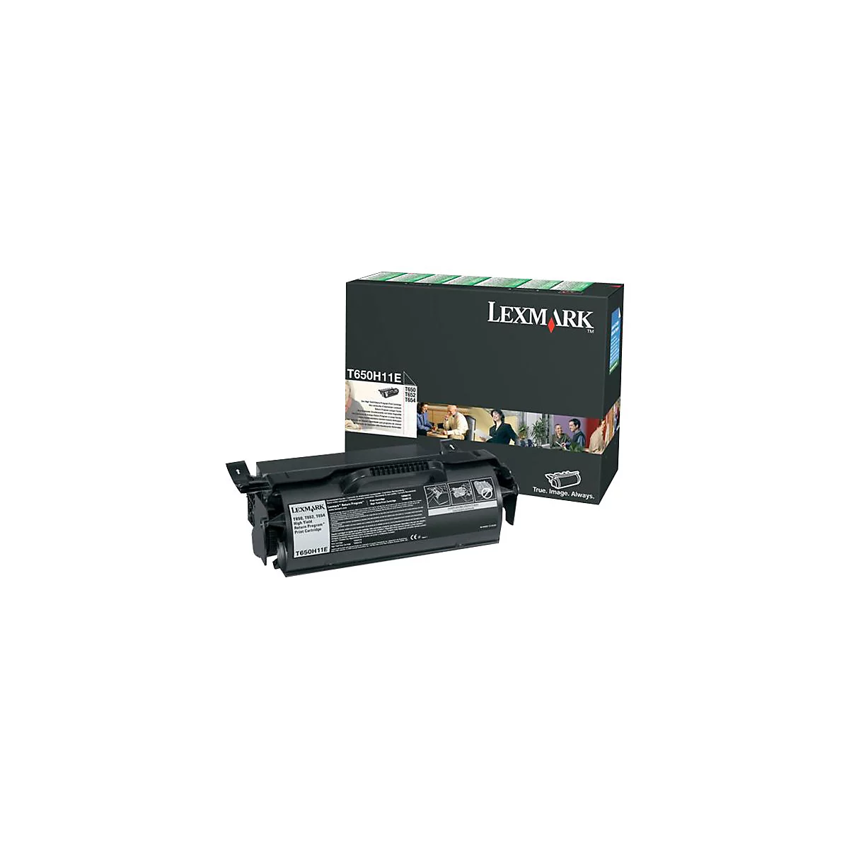 Schwarze Lexmark-Tonerkartusche und Verpackung. Aufdrucke: T650H11E, Lexmark, True. Image. Always.