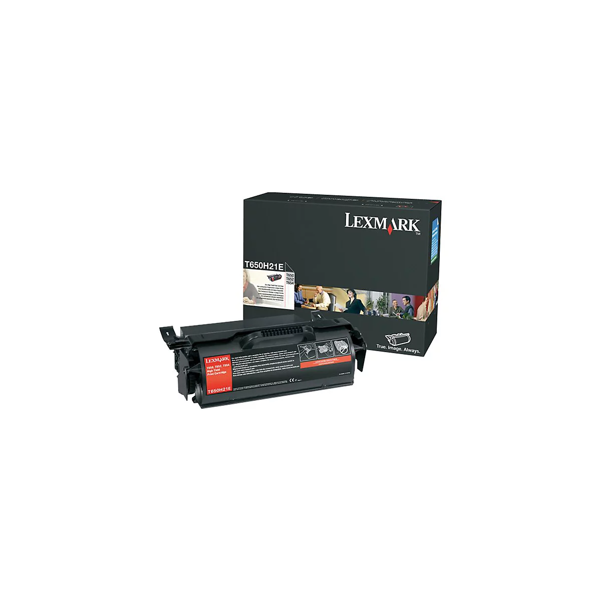 Schwarze Lexmark-Tonerpatrone und -Verpackung. Auf der Verpackung steht "LEXMARK" und "True. Image. Always.".