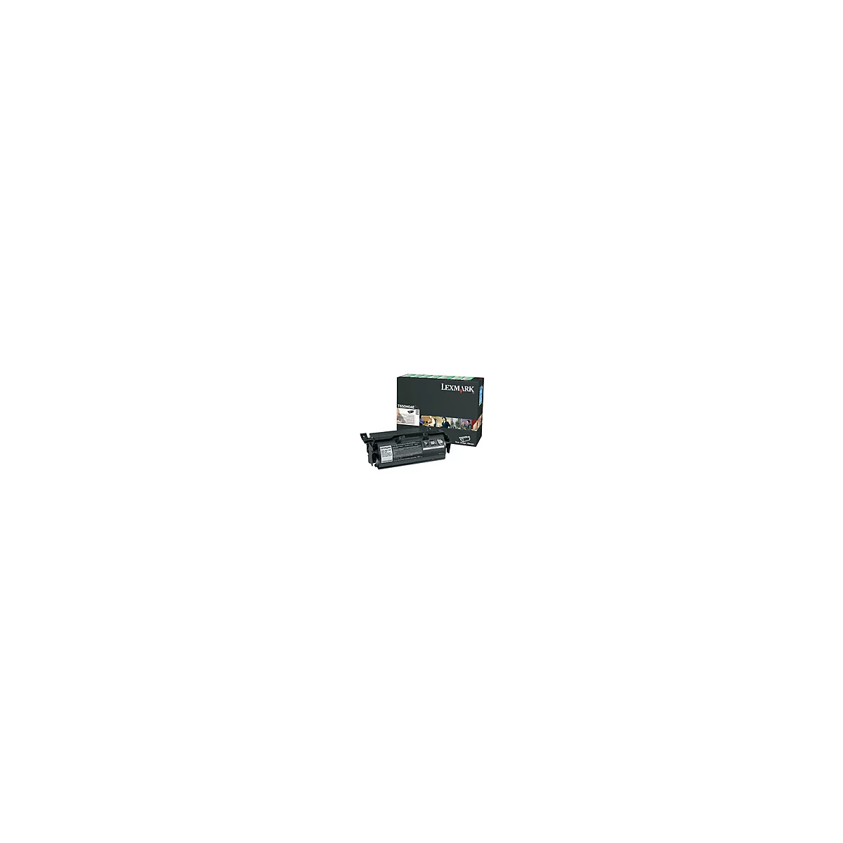 Schwarze Tonerkartusche und Verpackung von Lexmark, mit Produktbezeichnung T650H04E.