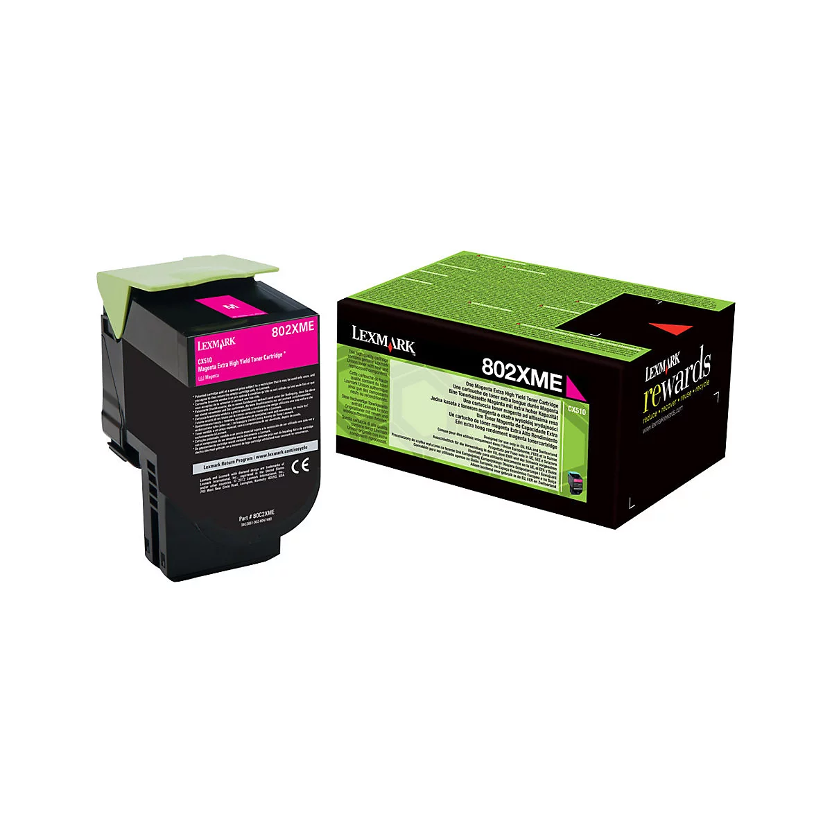 Eine schwarze Lexmark-Tintenpatrone und ein Karton mit grÃ¼nen und schwarzen Farben. Die Patrone ist pink, mit der Aufschrift 802XME.