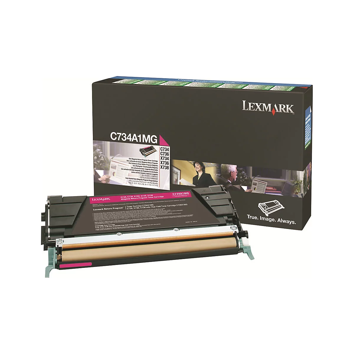 Lexmark Tonerpatrone C734A1MG. Gezeigt wird die Patrone und die Verpackung, Text: 'True. Image. Always.'