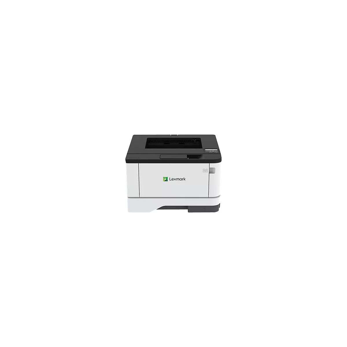Ein weiÃŸer Lexmark-Laserdrucker mit schwarzem Oberteil. Das Lexmark-Logo befindet sich auf der Vorderseite.