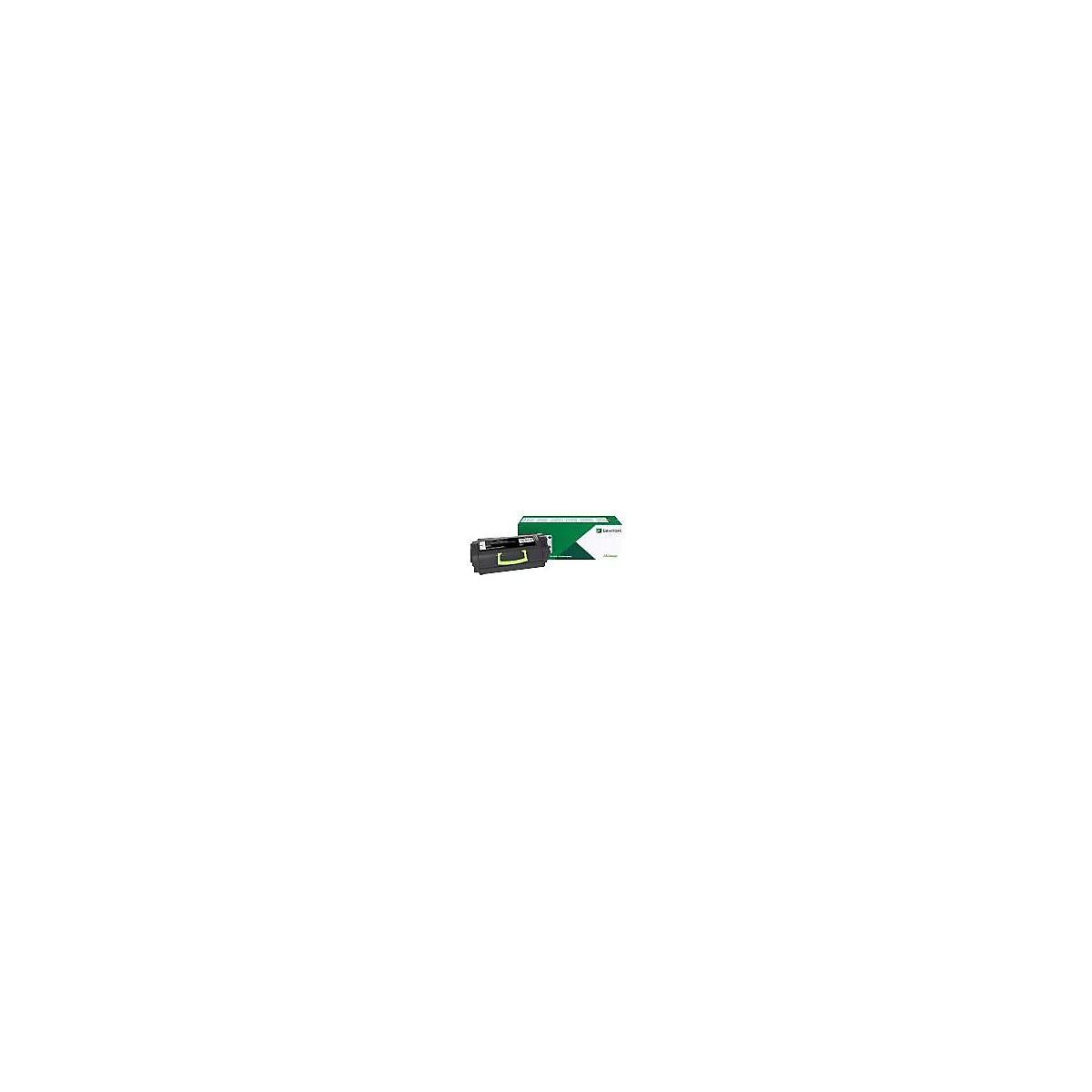 Une cartouche d'imprimante noire avec une poignÃ©e verte est posÃ©e Ã  cÃ´tÃ© d'un emballage vert avec un logo blanc.